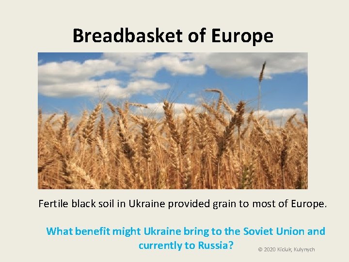 Breadbasket of Europe Fertile black soil in Ukraine provided grain to most of Europe.