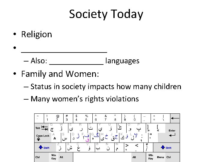 Society Today • Religion • _________ – Also: _______ languages • Family and Women: