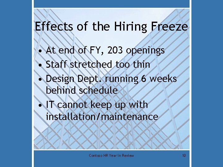 Effects of the Hiring Freeze • At end of FY, 203 openings • Staff