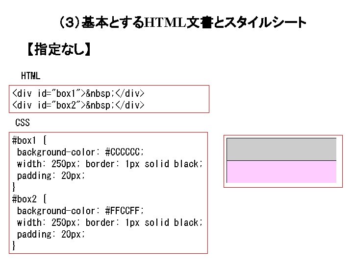 （３）基本とするHTML文書とスタイルシート 【指定なし】 HTML <div id="box 1">  </div> <div id="box 2">  </div> CSS #box 1