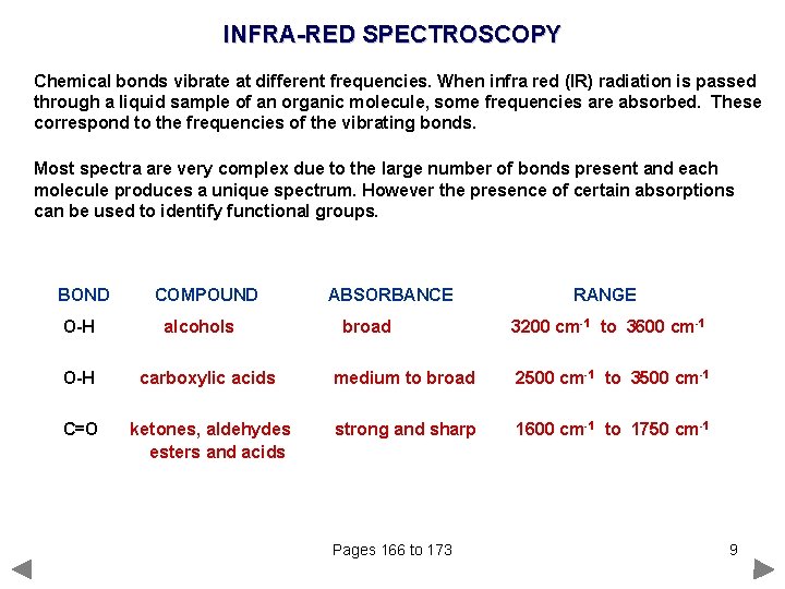 INFRA-RED SPECTROSCOPY Chemical bonds vibrate at different frequencies. When infra red (IR) radiation is