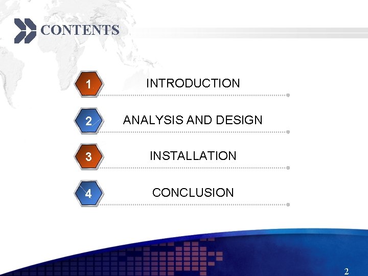 CONTENTS 1 INTRODUCTION 2 ANALYSIS AND DESIGN 3 INSTALLATION 4 CONCLUSION 2 