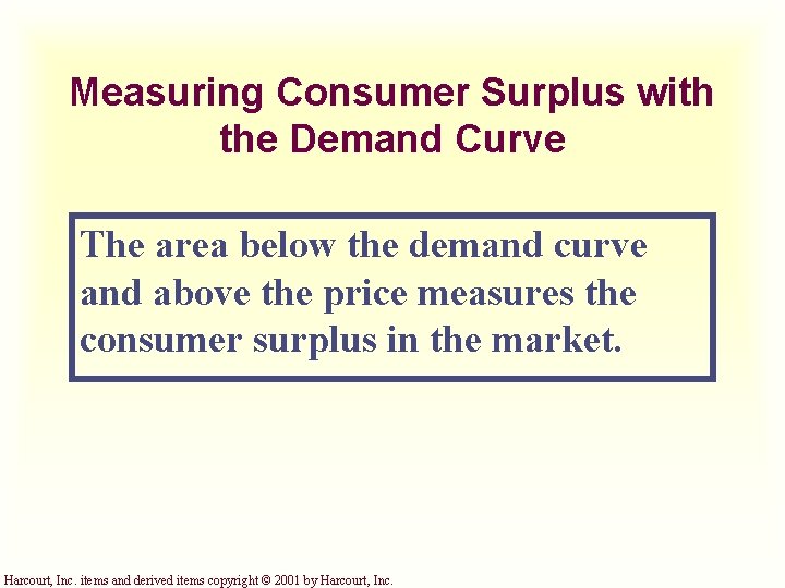 Measuring Consumer Surplus with the Demand Curve The area below the demand curve and