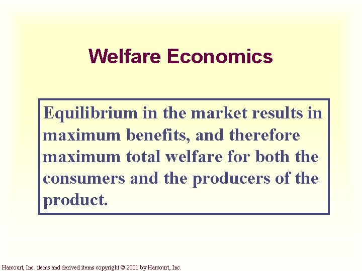 Welfare Economics Equilibrium in the market results in maximum benefits, and therefore maximum total