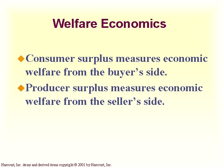 Welfare Economics u. Consumer surplus measures economic welfare from the buyer’s side. u. Producer