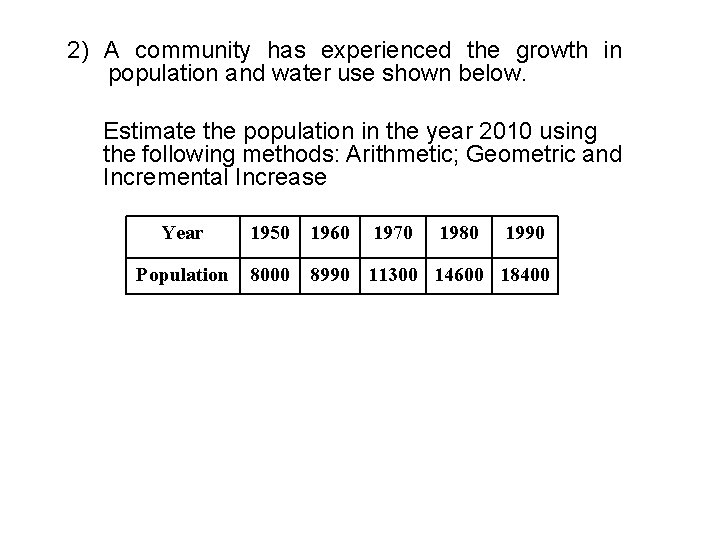 2) A community has experienced the growth in population and water use shown below. 2) A community has experienced the growth in population and water use shown below.