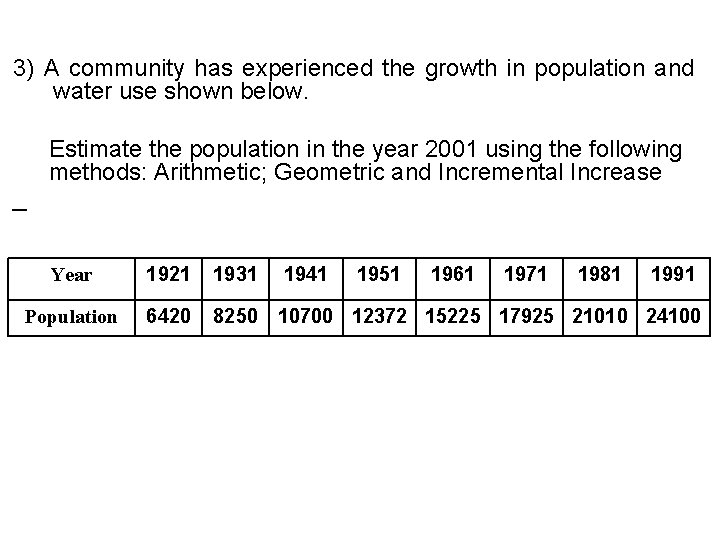 3) A community has experienced the growth in population and water use shown below. 3) A community has experienced the growth in population and water use shown below.