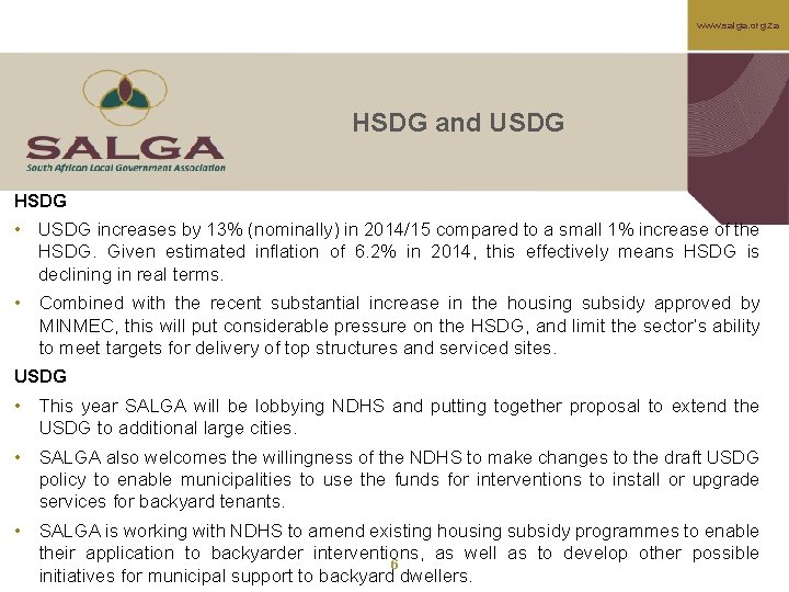 www. salga. org. za HSDG and USDG HSDG • USDG increases by 13% (nominally)