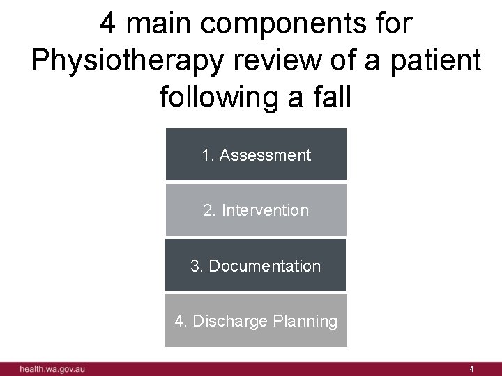 4 main components for Physiotherapy review of a patient following a fall 1. Assessment