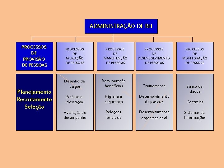 ADMINISTRAÇÃO DE RH PROCESSOS DE PROVISÃO DE PESSOAS Planejamento Recrutamento Seleção PROCESSOS DE APLICAÇÃO