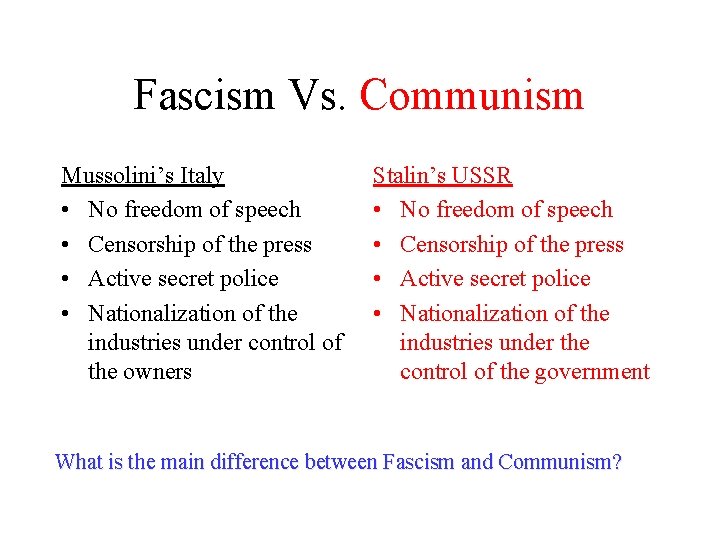 Fascism Vs. Communism Mussolini’s Italy • No freedom of speech • Censorship of the