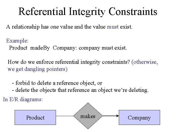 Referential Integrity Constraints A relationship has one value and the value must exist. Example: