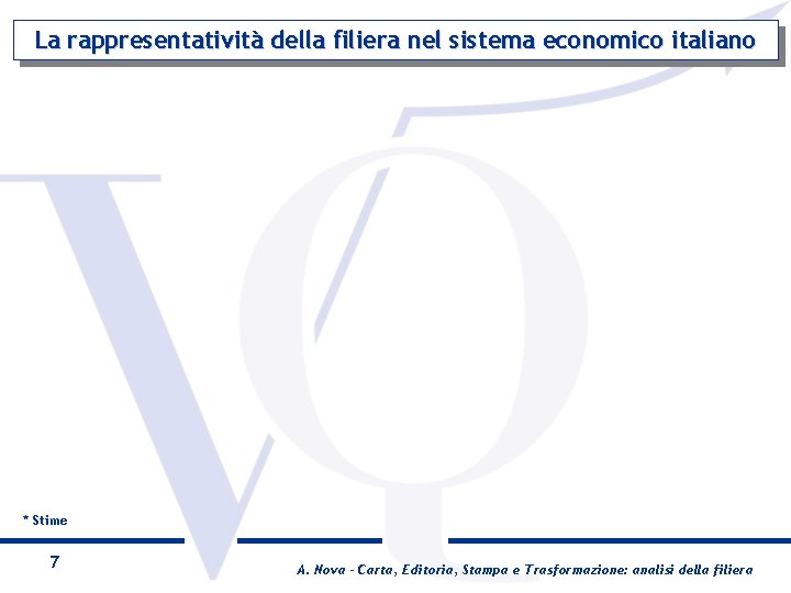 La rappresentatività della filiera nel sistema economico italiano * Stime 7 A. Nova -