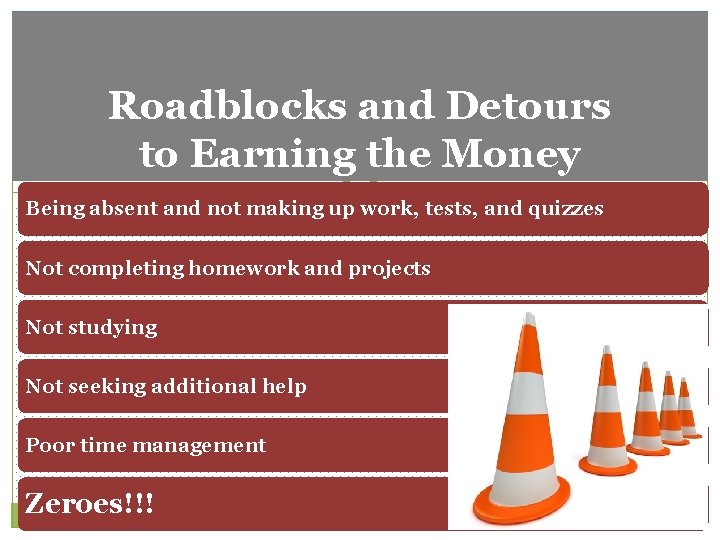 Roadblocks and Detours to Earning the Money Being absent and not making up work,