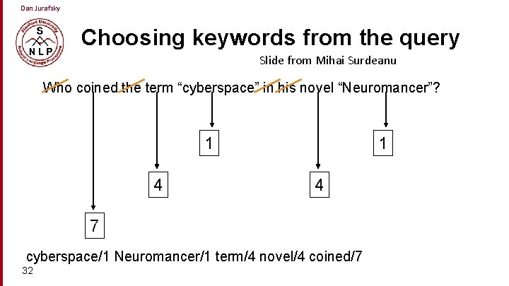 Dan Jurafsky Choosing keywords from the query Slide from Mihai Surdeanu Who coined the
