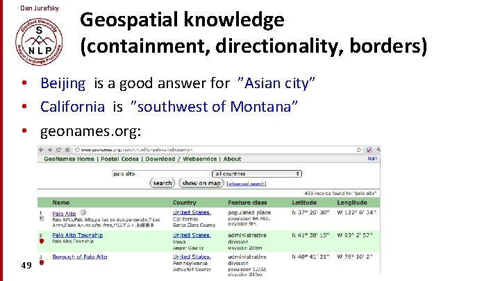 Dan Jurafsky Geospatial knowledge (containment, directionality, borders) • Beijing is a good answer for