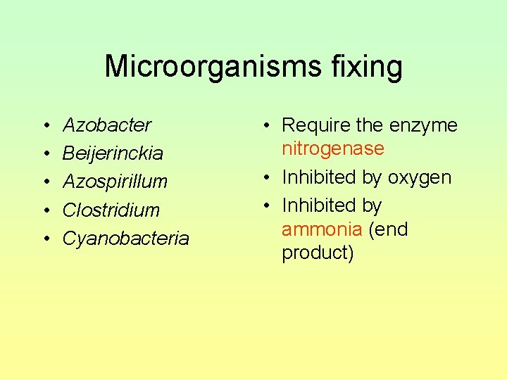 Microorganisms fixing • • • Azobacter Beijerinckia Azospirillum Clostridium Cyanobacteria • Require the enzyme