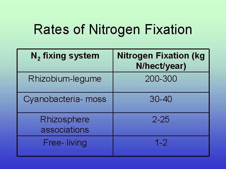 Rates of Nitrogen Fixation N 2 fixing system Rhizobium-legume Nitrogen Fixation (kg N/hect/year) 200