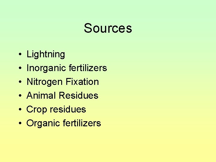 Sources • • • Lightning Inorganic fertilizers Nitrogen Fixation Animal Residues Crop residues Organic