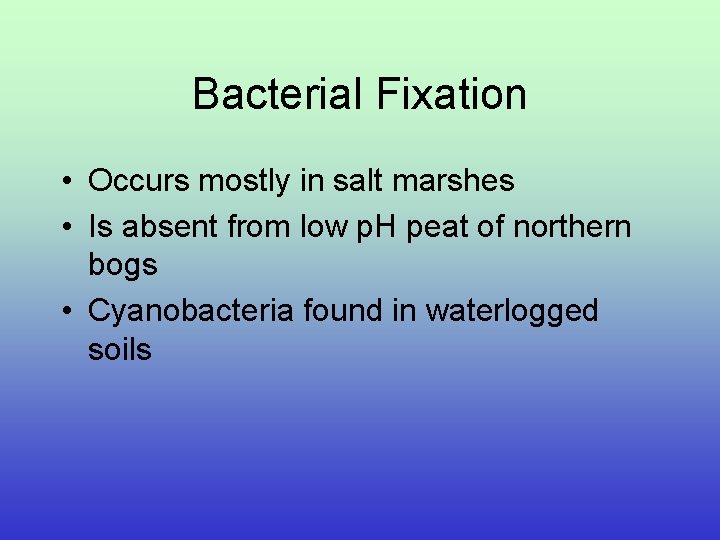 Bacterial Fixation • Occurs mostly in salt marshes • Is absent from low p.