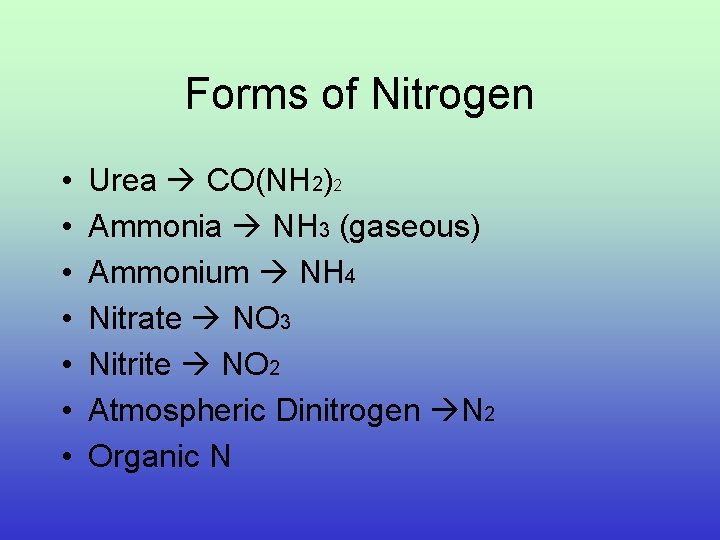 Forms of Nitrogen • • Urea CO(NH 2)2 Ammonia NH 3 (gaseous) Ammonium NH