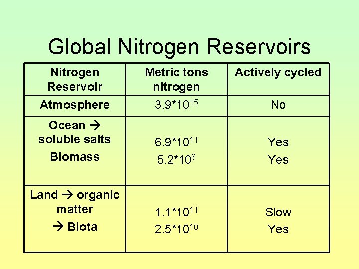 Global Nitrogen Reservoirs Nitrogen Reservoir Metric tons nitrogen Actively cycled Atmosphere 3. 9*1015 No