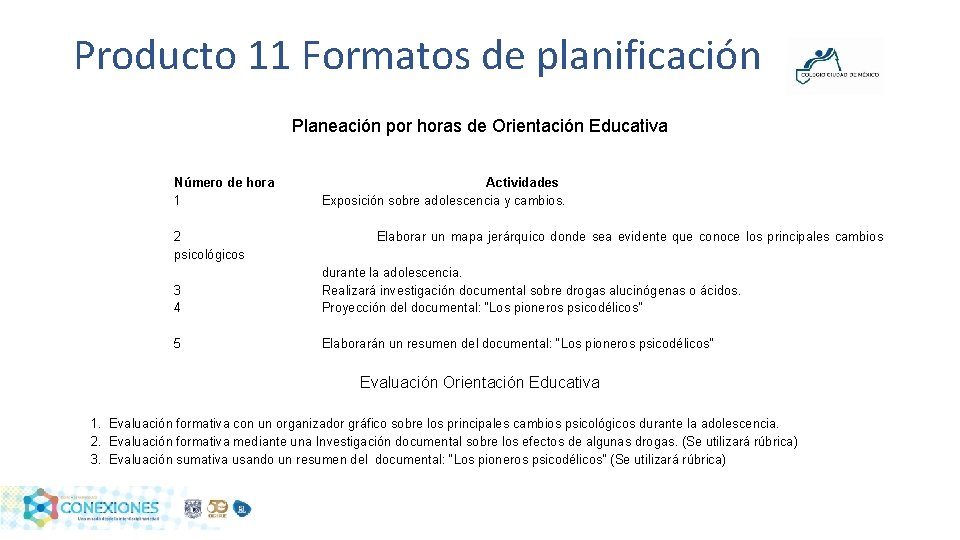 Producto 11 Formatos de planificación Planeación por horas de Orientación Educativa Número de hora