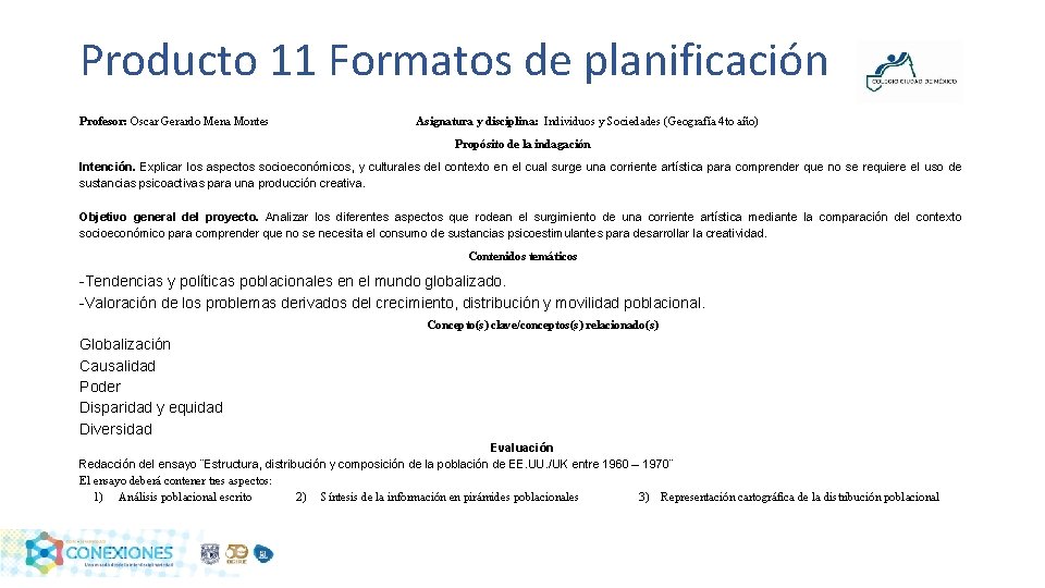 Producto 11 Formatos de planificación Profesor: Oscar Gerardo Mena Montes Asignatura y disciplina: Individuos