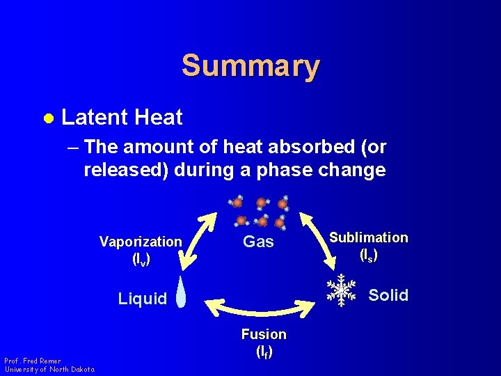 Summary l Latent Heat – The amount of heat absorbed (or released) during a