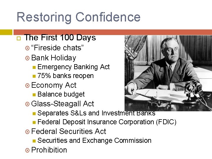 Restoring Confidence The First 100 Days “Fireside chats” Bank Holiday Emergency Banking Act 75%