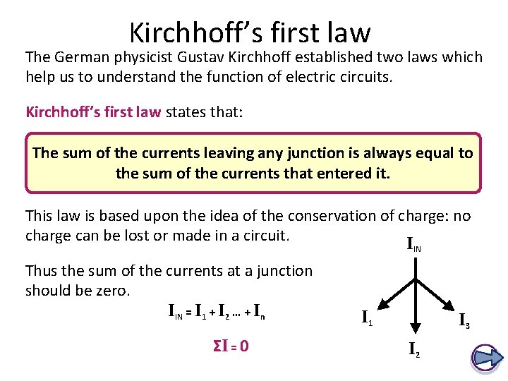 Kirchhoff’s first law The German physicist Gustav Kirchhoff established two laws which help us