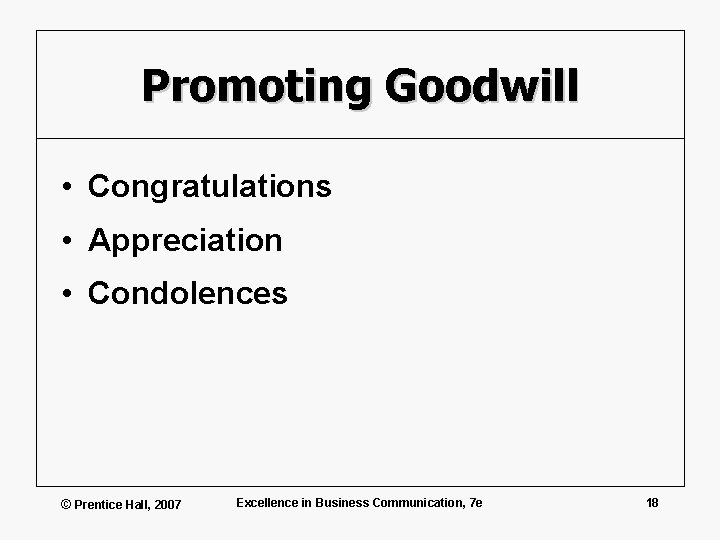 Promoting Goodwill • Congratulations • Appreciation • Condolences © Prentice Hall, 2007 Excellence in