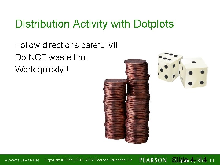 Distribution Activity with Dotplots Follow directions carefully!! Do NOT waste time!! Work quickly!! Copyright