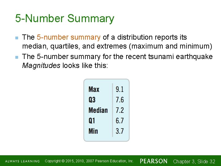 5 -Number Summary n n The 5 -number summary of a distribution reports its