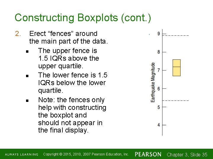 Constructing Boxplots (cont. ) 2. Erect “fences” around the main part of the data.