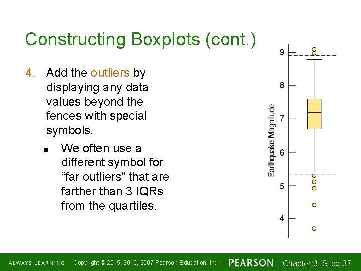 Constructing Boxplots (cont. ) 4. Add the outliers by displaying any data values beyond