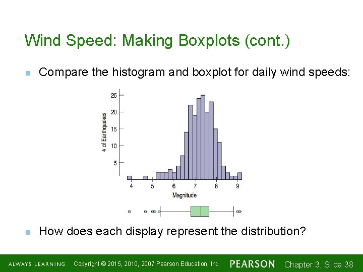 Wind Speed: Making Boxplots (cont. ) n Compare the histogram and boxplot for daily