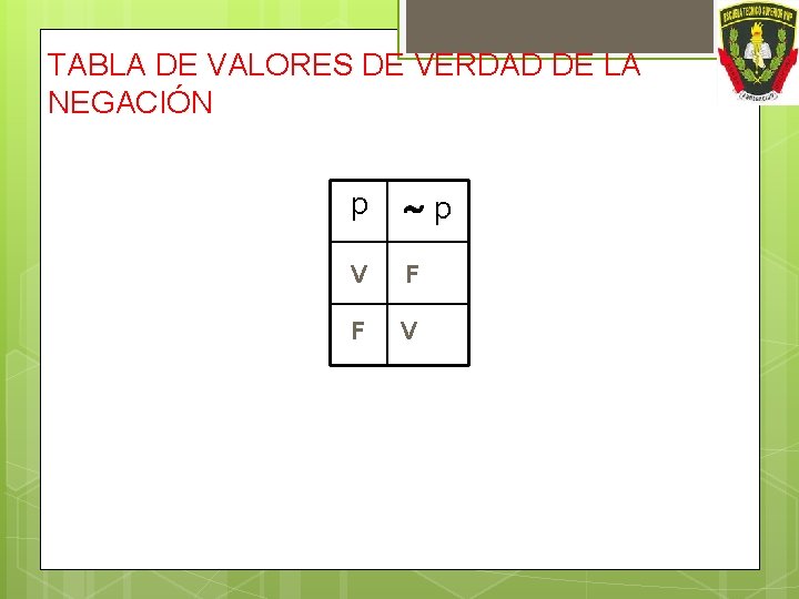 TABLA DE VALORES DE VERDAD DE LA NEGACIÓN p p V F F V