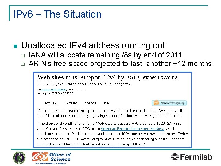 IPv 6 – The Situation n Unallocated IPv 4 address running out: q q