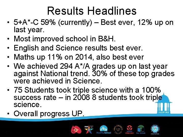 Results Headlines • 5+A*-C 59% (currently) – Best ever, 12% up on last year.