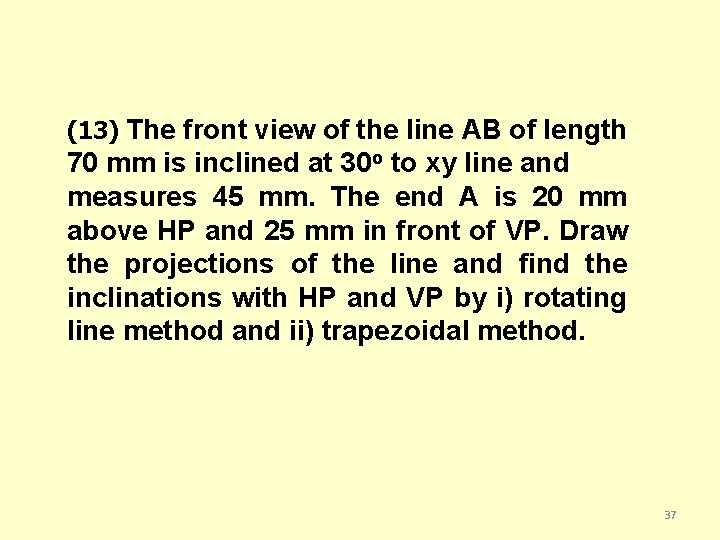 (13) The front view of the line AB of length 70 mm is inclined