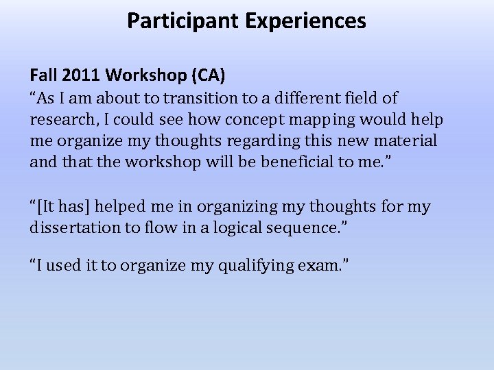 Participant Experiences Fall 2011 Workshop (CA) “As I am about to transition to a