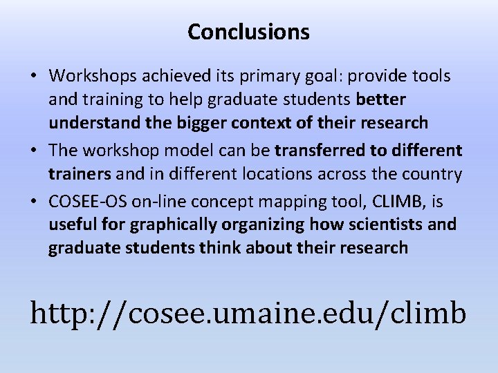 Conclusions • Workshops achieved its primary goal: provide tools and training to help graduate