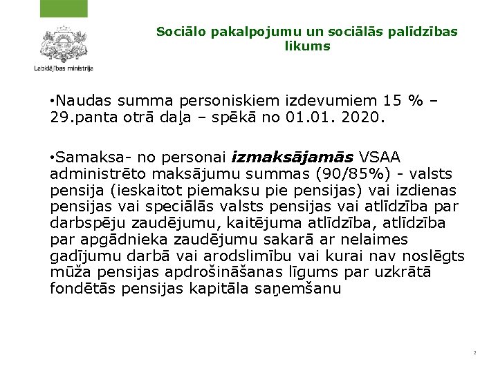 Sociālo pakalpojumu un sociālās palīdzības likums • Naudas summa personiskiem izdevumiem 15 % –