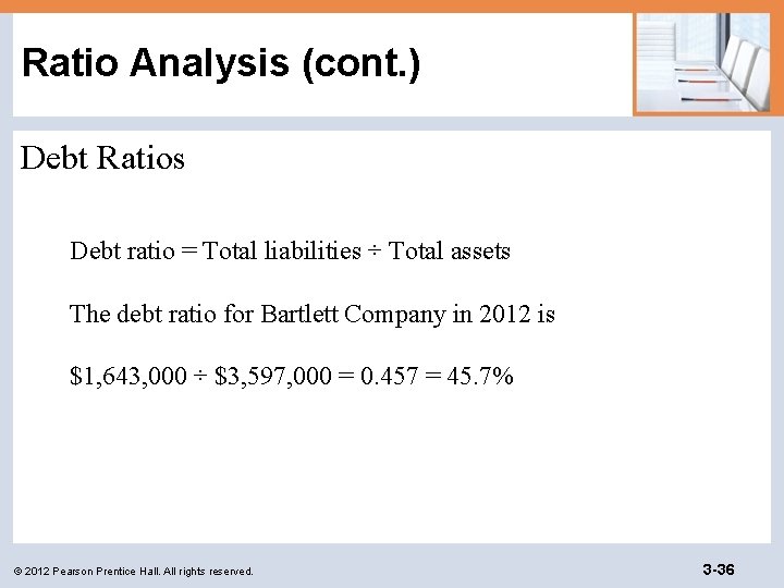 Ratio Analysis (cont. ) Debt Ratios Debt ratio = Total liabilities ÷ Total assets