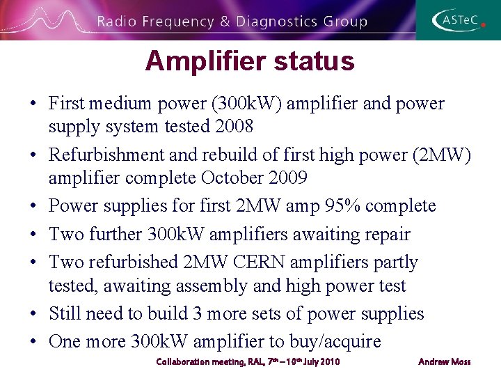 Amplifier status • First medium power (300 k. W) amplifier and power supply system