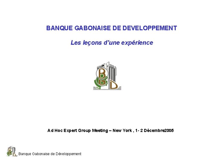 BANQUE GABONAISE DE DEVELOPPEMENT Les leçons d’une expérience Ad Hoc Expert Group Meeting –