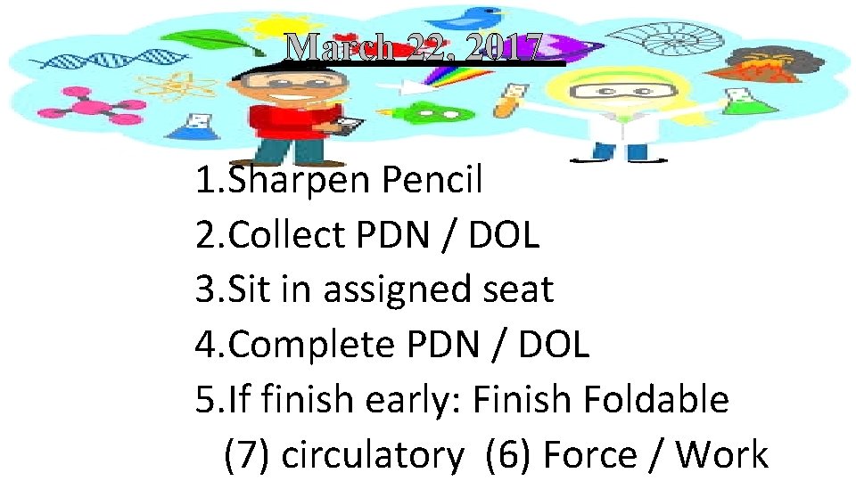 March 22, 2017 1. Sharpen Pencil 2. Collect PDN / DOL 3. Sit in