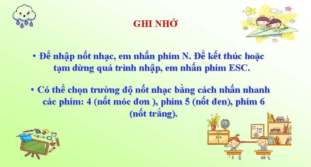 GHI NHỚ • Để nhập nốt nhạc, em nhấn phím N. Để kết thúc