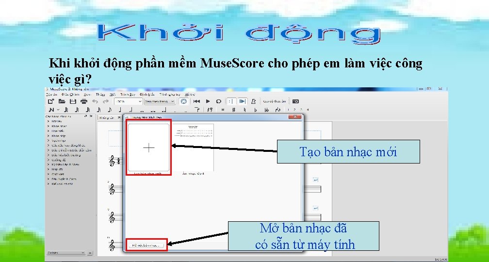 Khi khởi động phần mềm Muse. Score cho phép em làm việc công việc